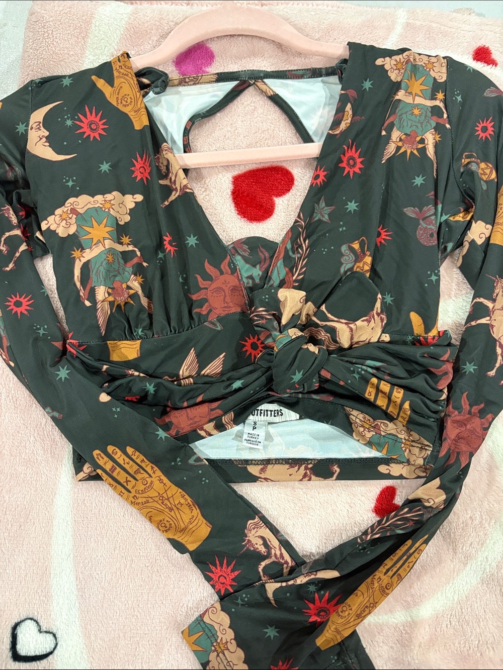 Urban Outfitters Dark Green Celestial Knot-Front Long Sleeve Crop Top